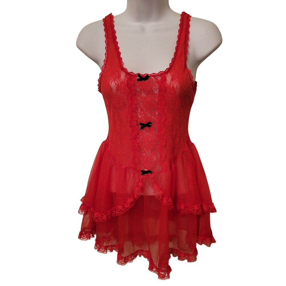 Midnight M Nightgown Red Lace Ruffle Babydoll Vintage Lingerie Sexy Whimsigoth